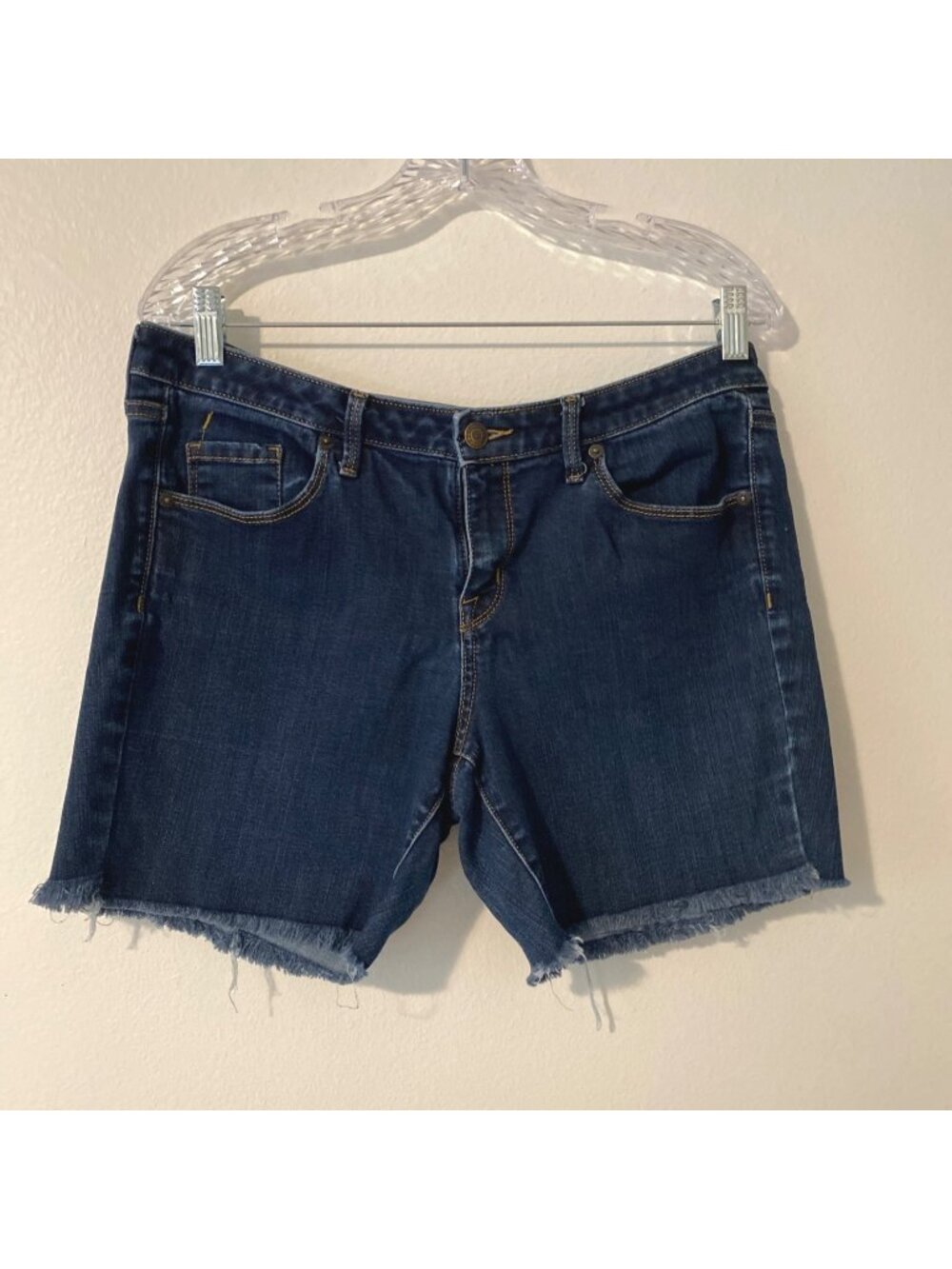 Mossimo Mid Rise Denim Shorts Womens 12L 31 Blue Frayed Hem Stretch Jean Shorts